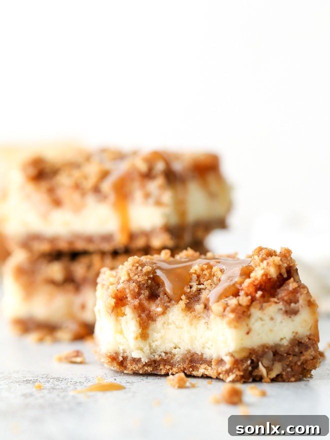 Layers of graham cracker streusel, smooth cream cheese filling, cinnamon apple chunks, and caramel drizzle compose these rich and creamy caramel apple cheesecake bars.