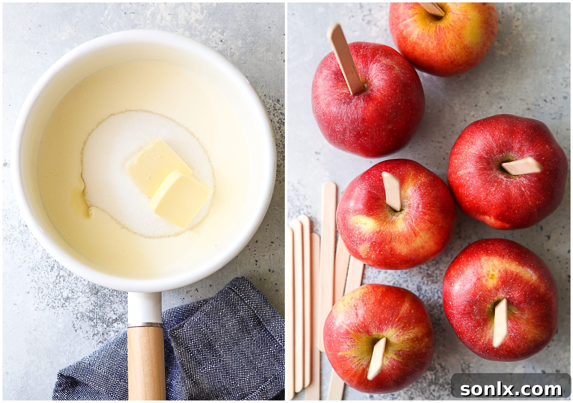Cleaned apples with craft sticks inserted, ready for dipping, next to a saucepan beginning to heat caramel ingredients.