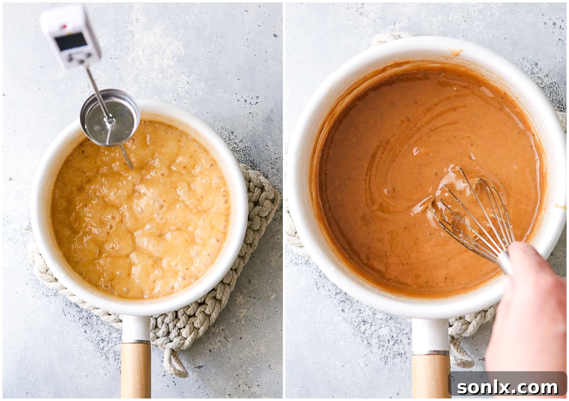 Golden caramel sauce bubbling gently in a heavy-bottomed saucepan with a candy thermometer, nearing the optimal temperature.