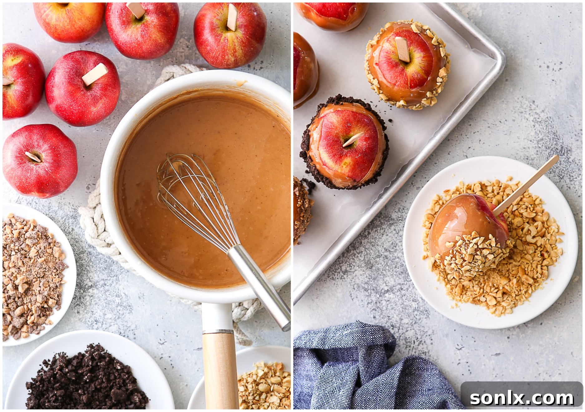 A pan of freshly made, smooth caramel, ready for dipping apples, with a variety of toppings laid out beside it.
