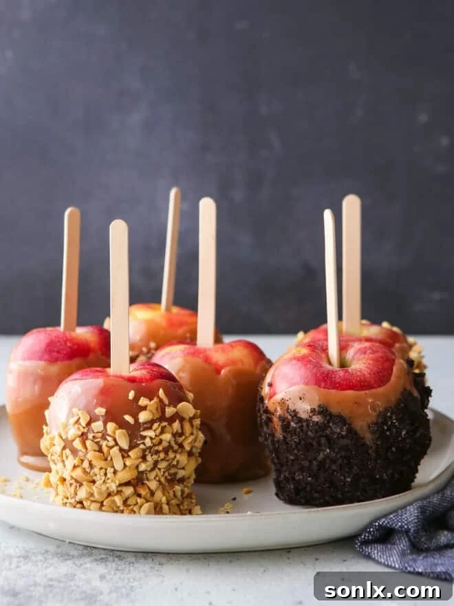 A beautifully presented plate featuring a sliced caramel apple with nuts and another whole, topped caramel apple.