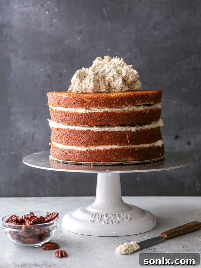 putting together this brown sugar cinnamon layer cake