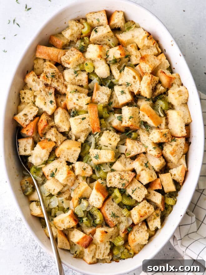 A delicious classic stuffing recipe in a baking dish, ready to be served.