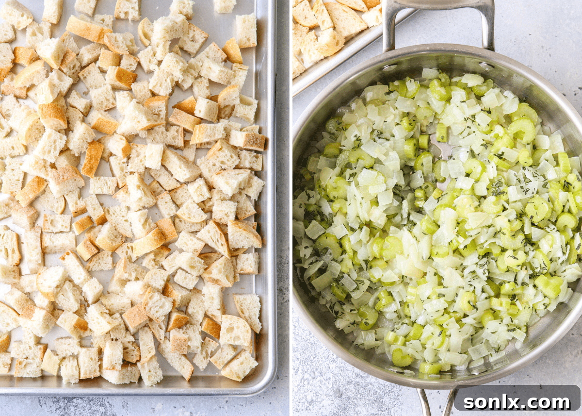 Cubed bread spread on a baking sheet, ready for toasting.