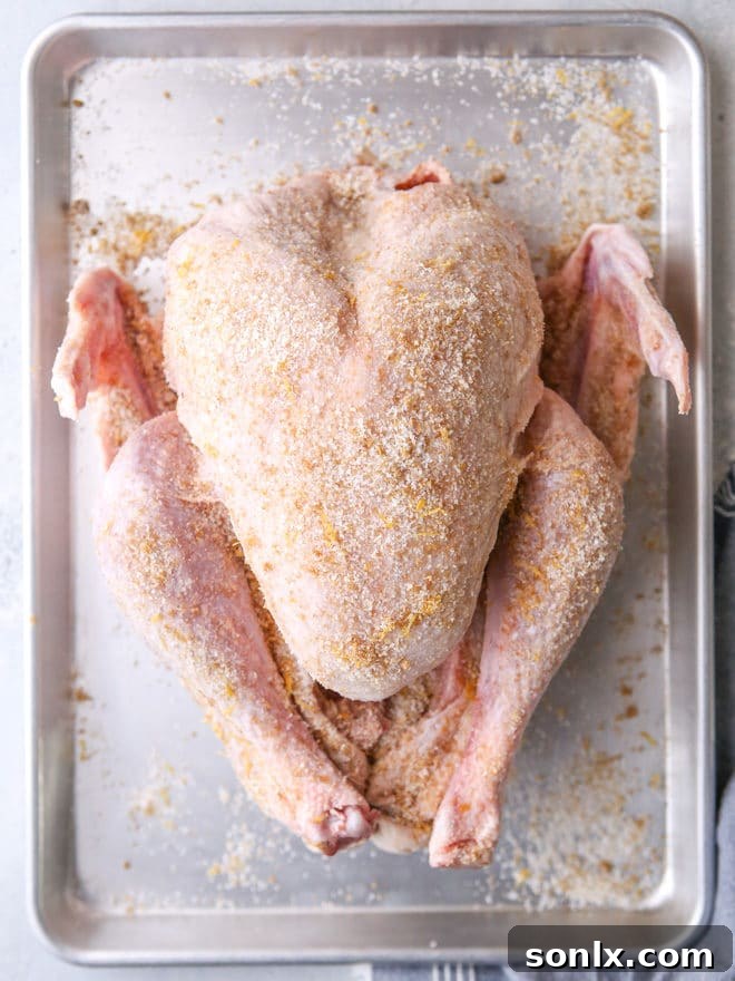A dry brine and uncovered overnight rest in the fridge are key to this roasted turkey