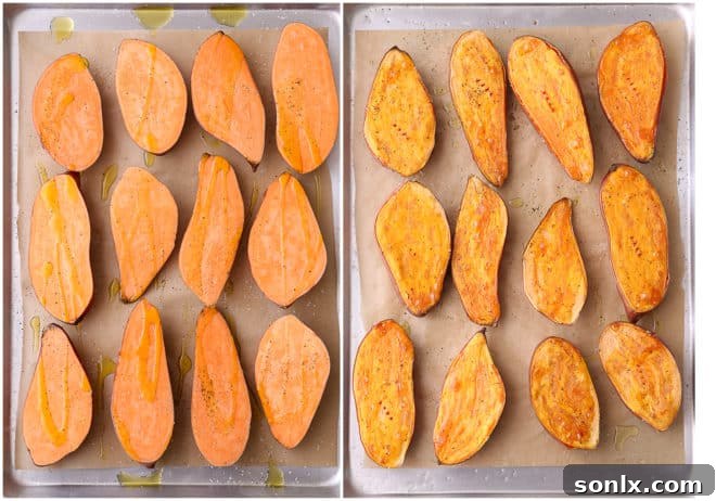 Before and after roasting sweet potatoes, showcasing their transformation to tender, golden perfection.