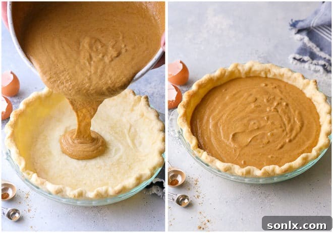 Adding pumpkin pie filling to a parbaked crust