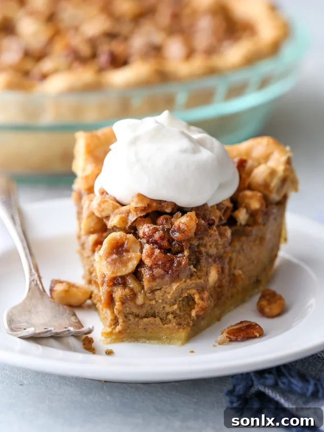 Pumpkin pie with nut praline is a delicious twist on the classic that's perfect for your holiday table!