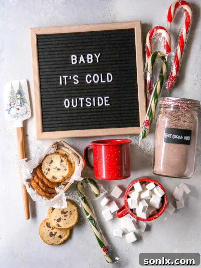 Craft Your Own Cozy Cocoa Kit 37 DIY hot cocoa gift basket with homemade hot cocoa mix, marshmallows, cookies, and festive mugs.