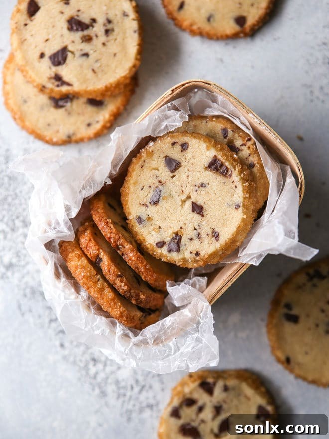 Delicious chocolate chip shortbread cookies, perfect for dipping into hot cocoa.