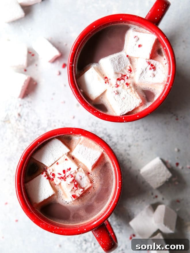 A steaming cup of homemade hot cocoa, beautifully topped with fluffy homemade marshmallows and crushed candy canes.