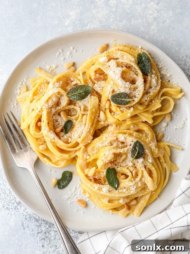This rich and creamy pumpkin alfredo pasta is made with canned pumpkin puree and a dash of nutmeg.
