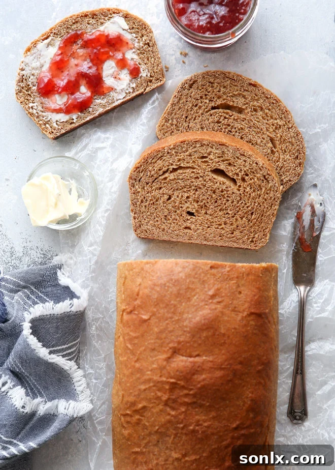 This simple and hearty loaf of bread is made with 100% whole wheat flour.