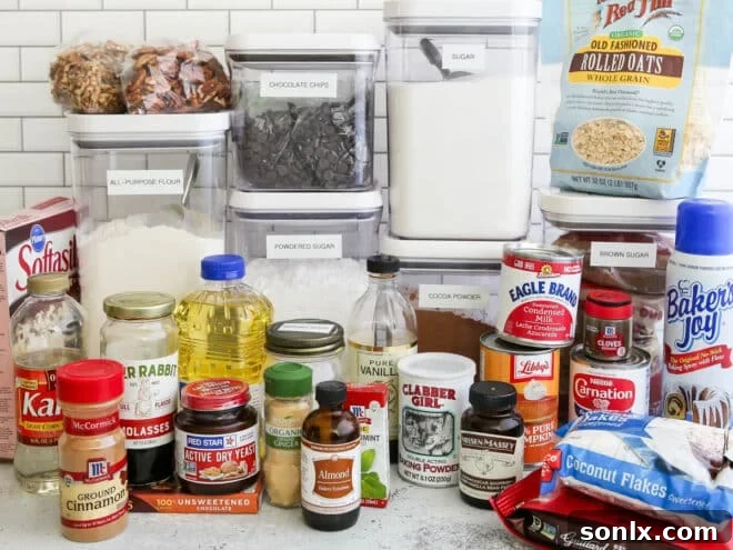 A diverse array of baking ingredients neatly arranged on a kitchen counter, showcasing variety