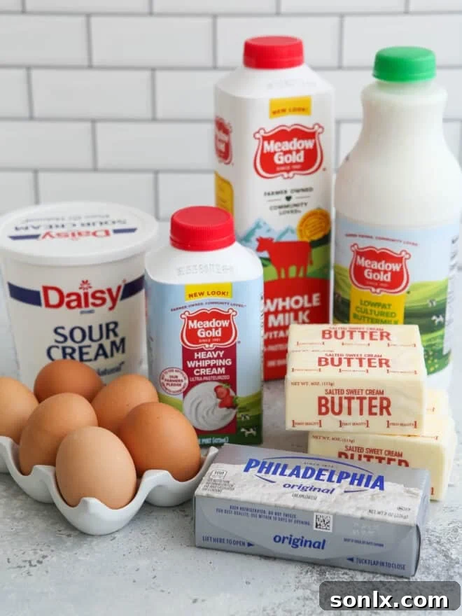 Perishable baking ingredients like butter, eggs, and milk stored in a refrigerator