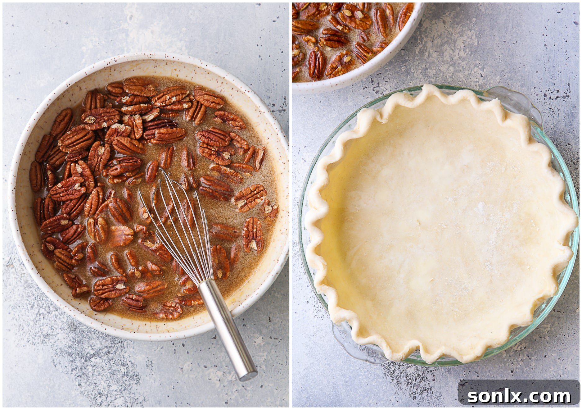 Two images side by side: one showing an uncooked pie crust shell in a pie dish, and the other showing a bowl of pecan pie filling mixture ready to be poured.