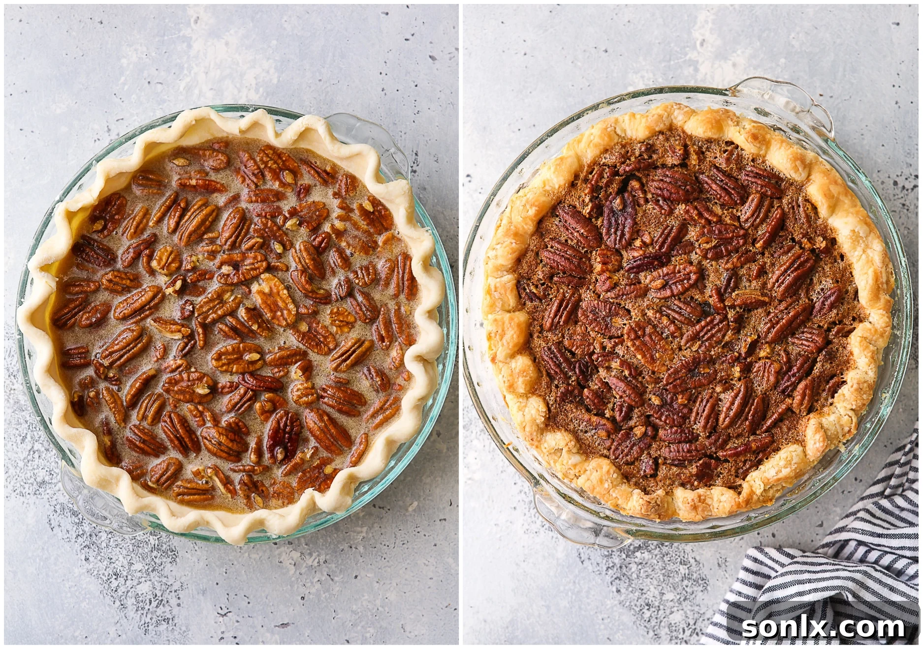 Two images side by side: one showing the uncooked pecan pie filling in a crust, and the other showing the same pie perfectly baked to a golden brown.