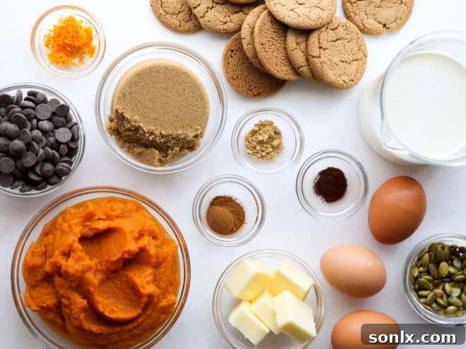 Various ingredients for the chocolate pumpkin tart laid out, including gingersnap cookies, pumpkin puree, spices, and chocolate.