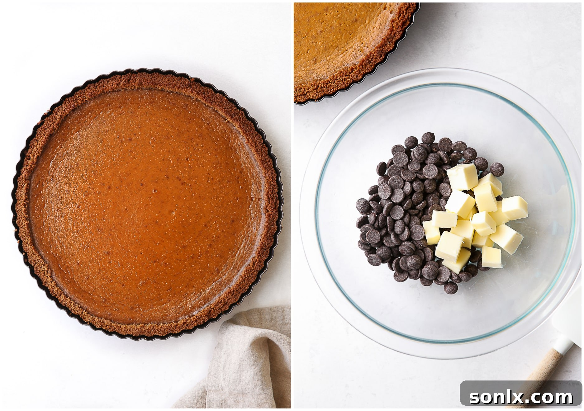 A baked pumpkin tart, with ingredients for the chocolate ganache laid out next to it in bowls.