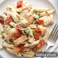 This chicken bacon ranch pasta is an easy meal the whole family will love. It's filled with chicken breast, crispy bacon, fresh herbs, and smothered with a rich sour cream sauce.