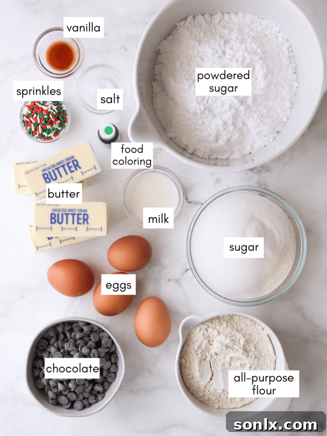 A collection of ingredients laid out on a kitchen counter, including butter, chocolate, sugar, flour, and eggs, ready for making brownies.