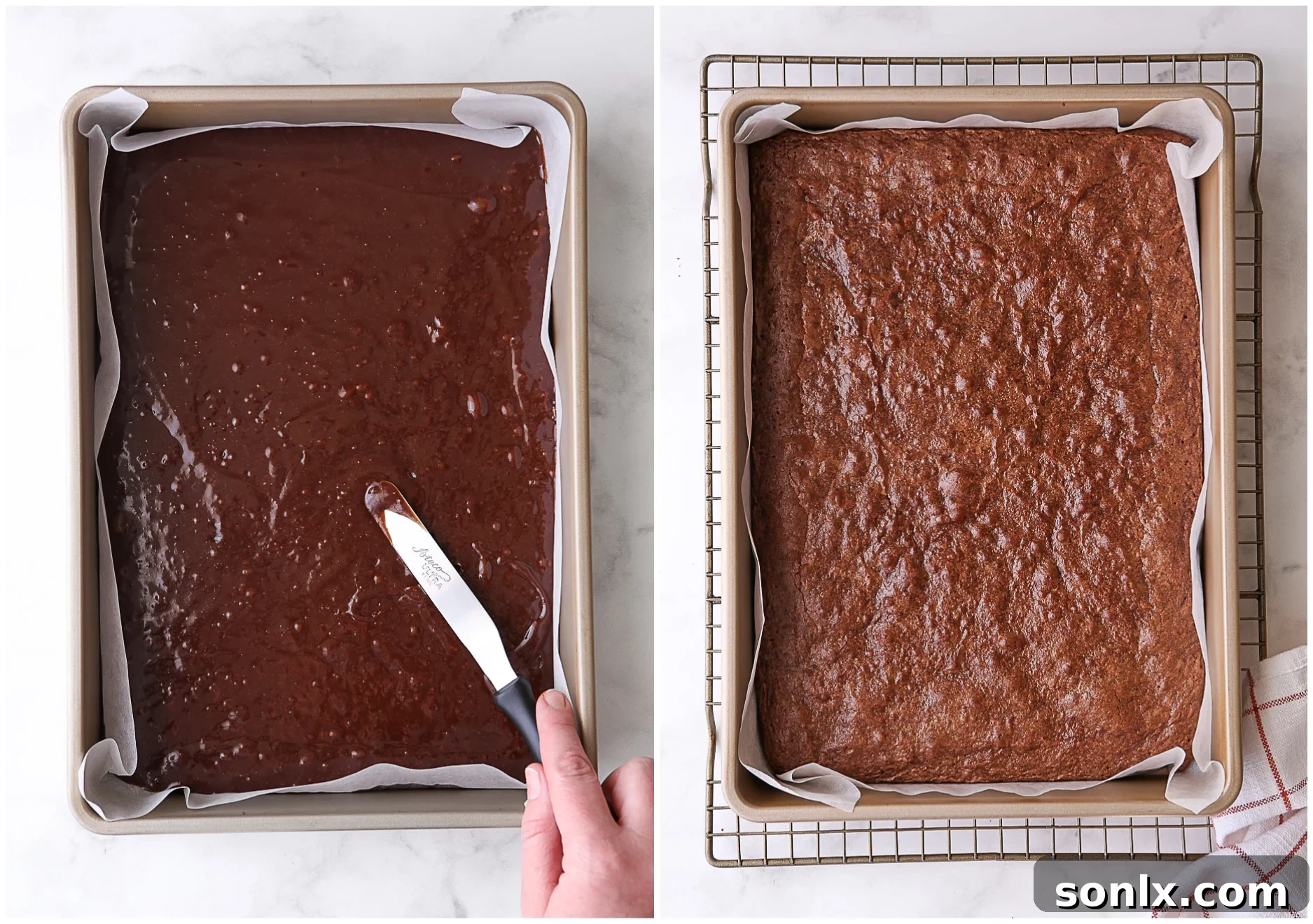 Close-up image of brownie batter evenly spread in a 9x13 inch baking pan, ready for the oven.