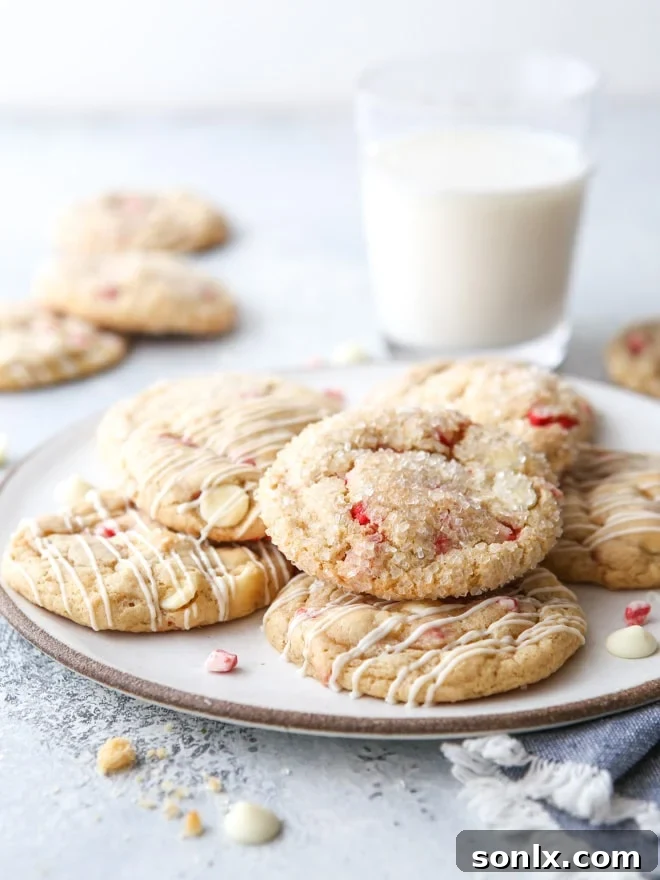Peppermint white chocolate chip cookies served on a plate with a glass of milk, perfect for a cozy holiday evening