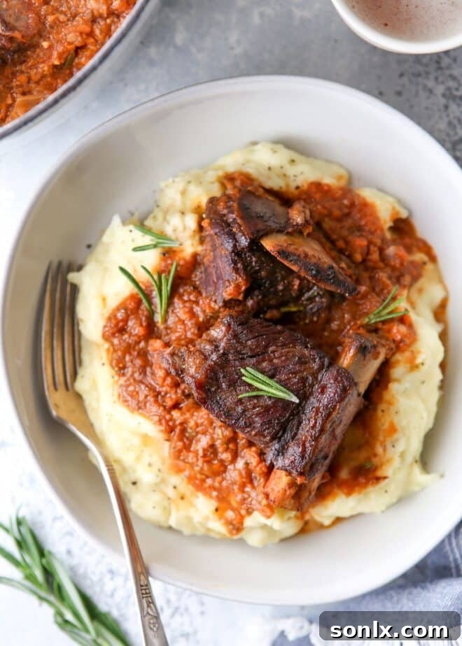 Tender beer-braised beef short ribs in a rustic bowl, served with creamy mashed potatoes and garnished with fresh herbs.