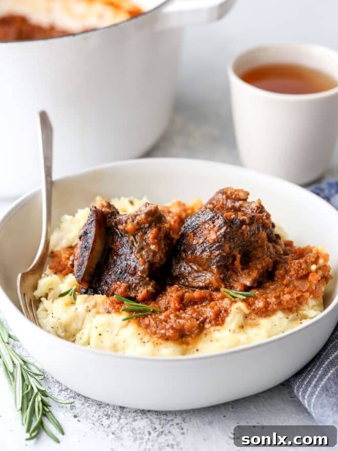 Close-up of beer-braised beef short ribs, showcasing the rich, dark sauce and tender meat, ready to be served.