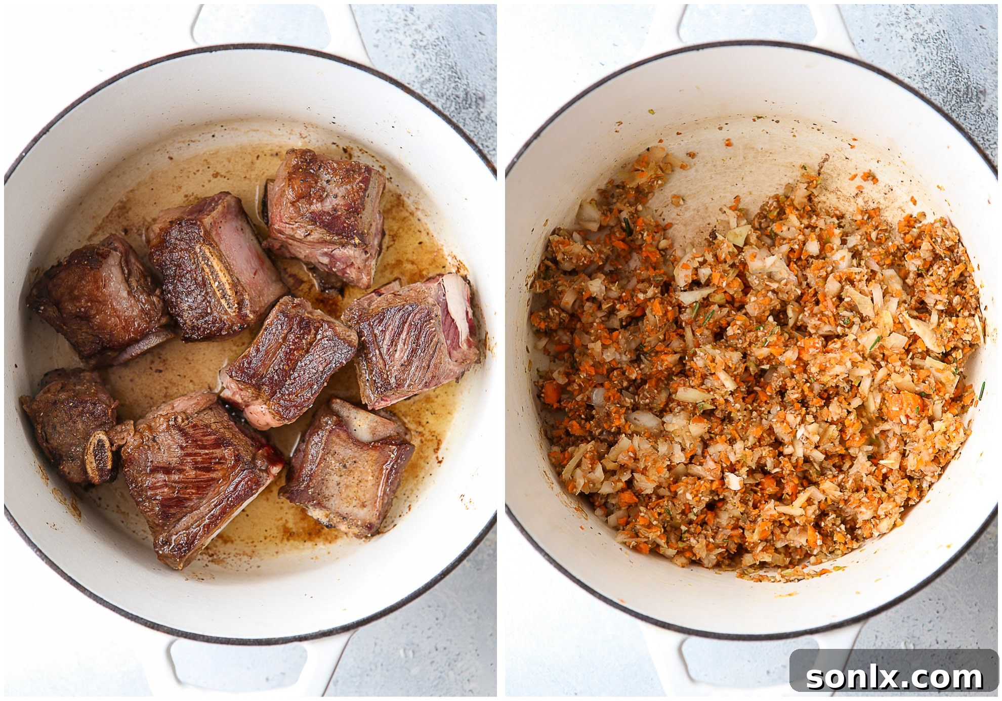 Searing beef short ribs and sautéing aromatic vegetables in a large pot on the stove for maximum flavor development.