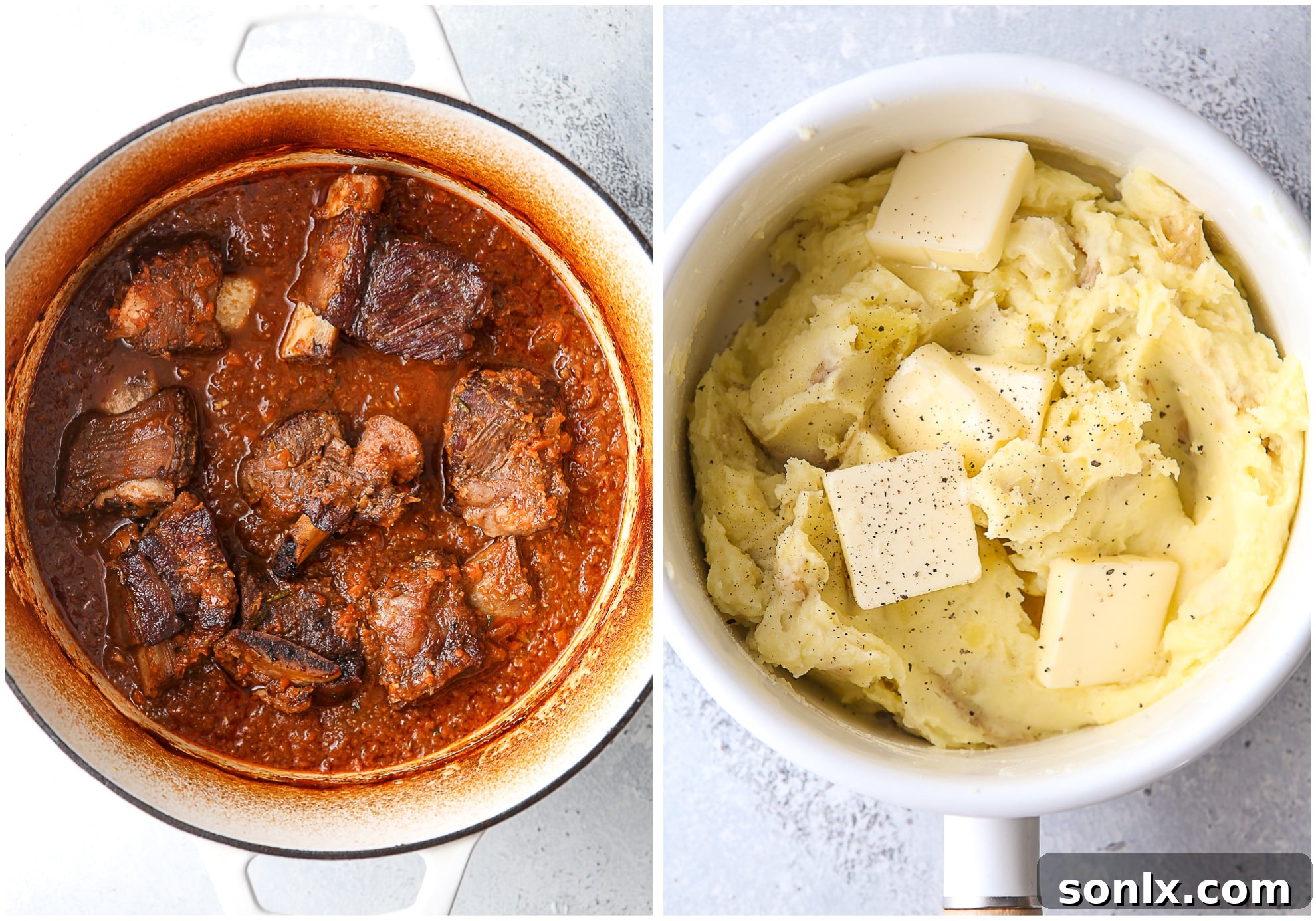 Beautifully braised beef short ribs served elegantly with a side of creamy mashed potatoes and fresh herbs.