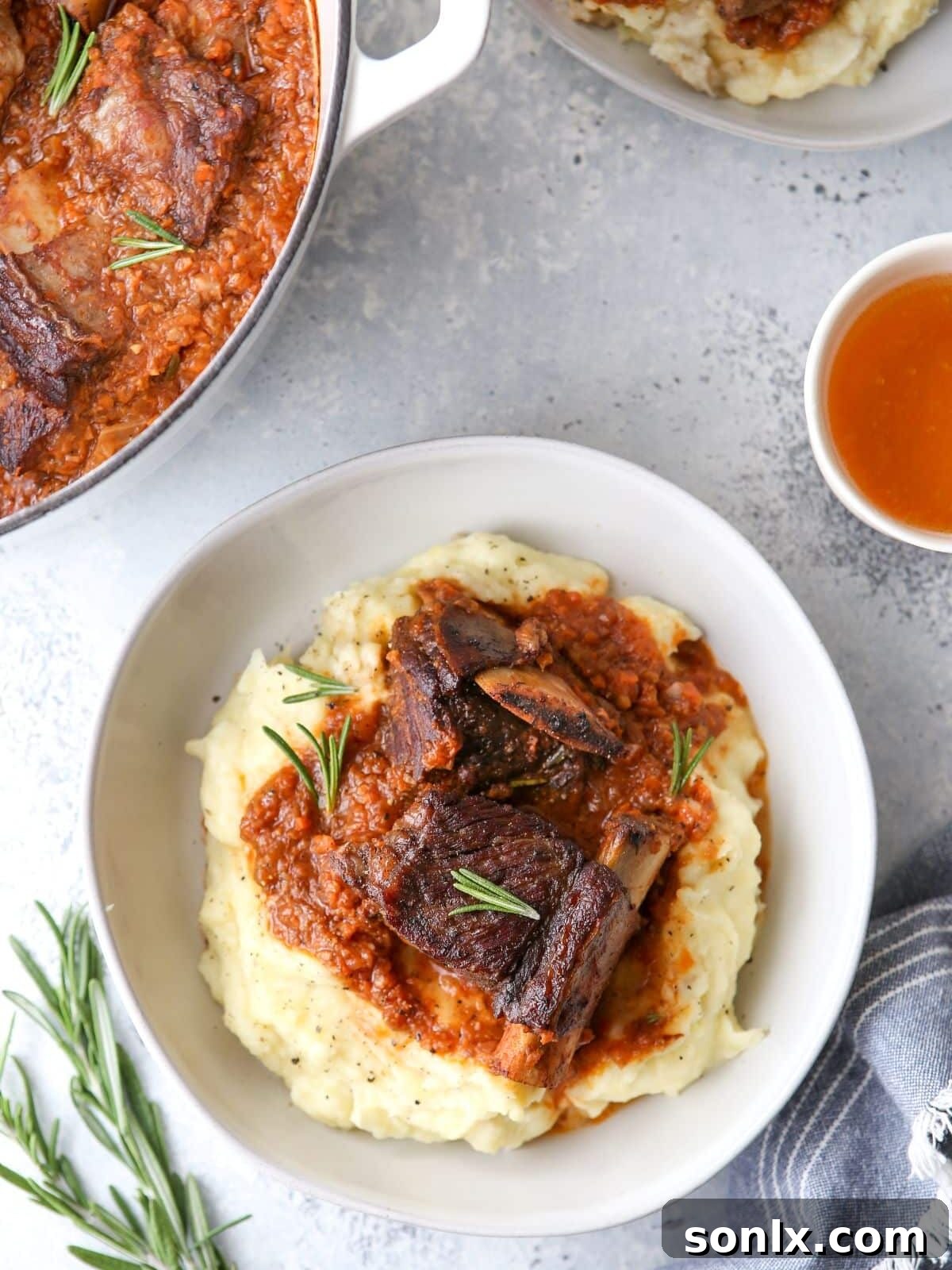 A bowl of beer-braised beef short ribs with mashed potatoes, with the cooking pot in the background, ready to be enjoyed.