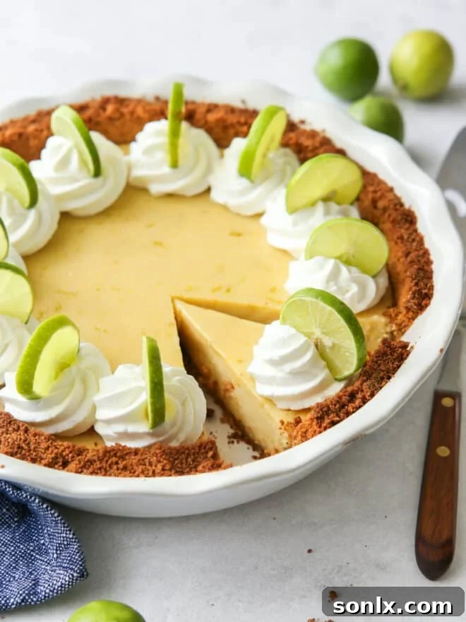 A perfectly sliced key lime pie, revealing its creamy texture and golden crust, ready to be served from its pie pan.