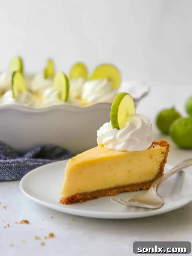 A single slice of homemade key lime pie, garnished with fresh lime zest and a delicate dollop of whipped cream, resting on a white plate with a fork beside it.