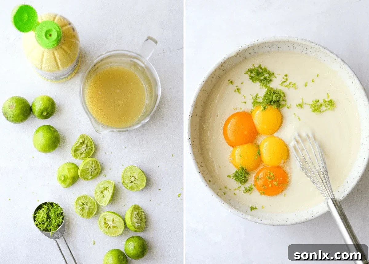 Close-up shot of key limes being juiced and the creamy key lime pie filling being mixed in a bowl.