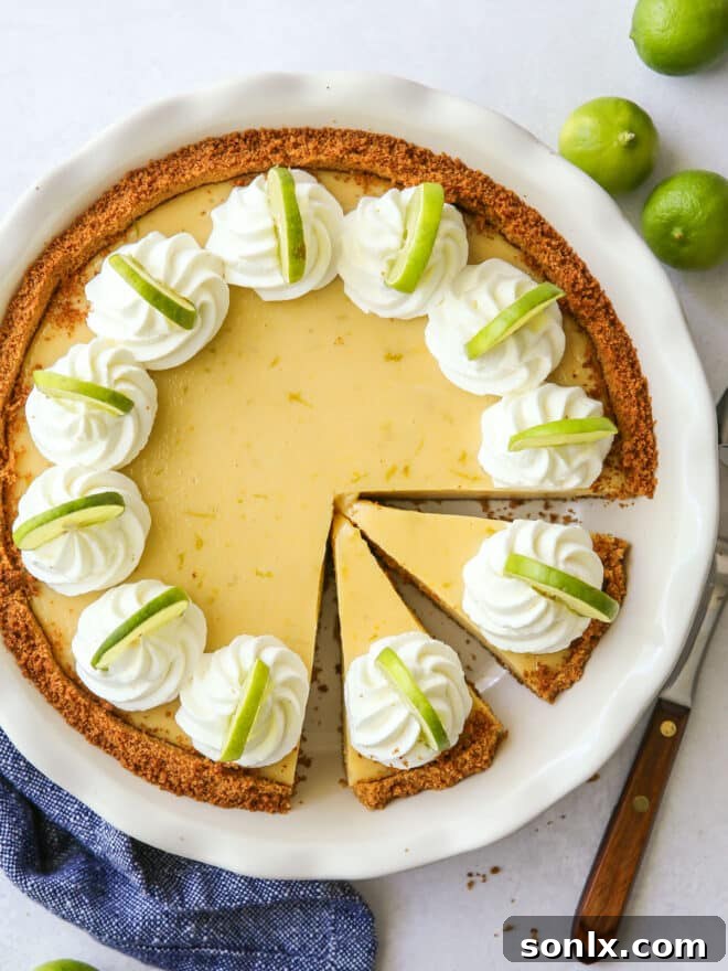 Top-down view of a beautifully sliced key lime pie, topped with swirls of whipped cream and a sprinkle of lime zest.