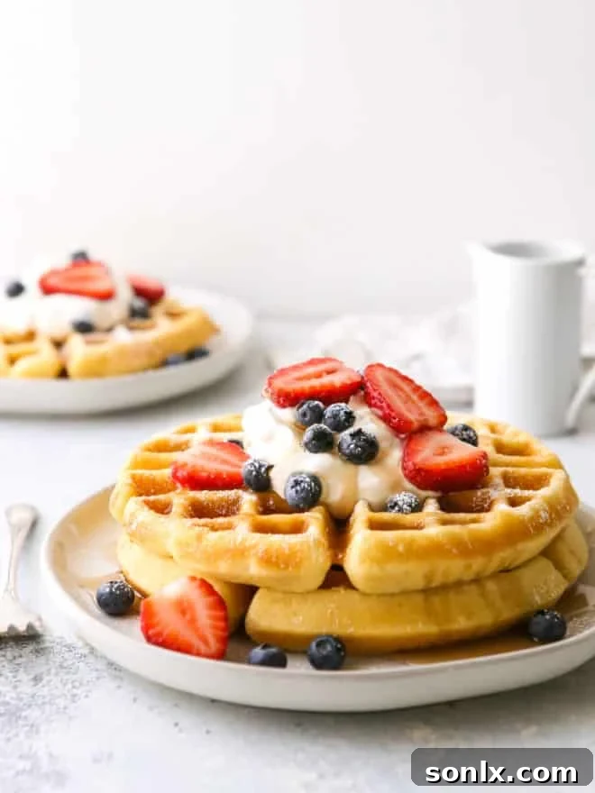 stack of golden buttermilk waffles with whipped cream, fresh berries, and maple syrup, ready to be enjoyed