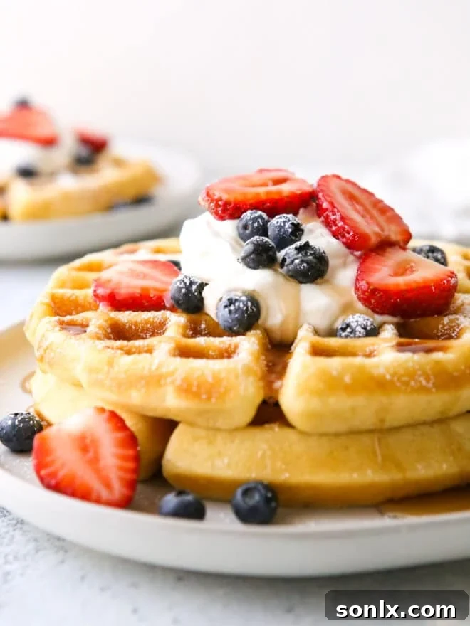 A sumptuous close-up of a stack of golden buttermilk waffles, generously topped with whipped cream, fresh berries, and a rich pour of maple syrup, inviting indulgence.