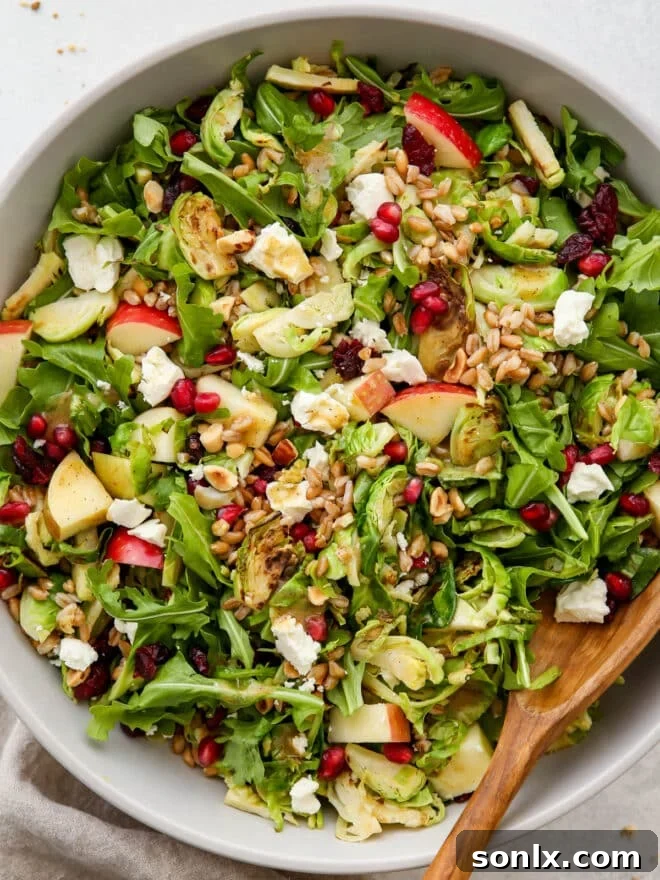 Hearty Brussels Sprouts and Farro Salad in a bowl with a serving spoon, garnished with fresh ingredients.