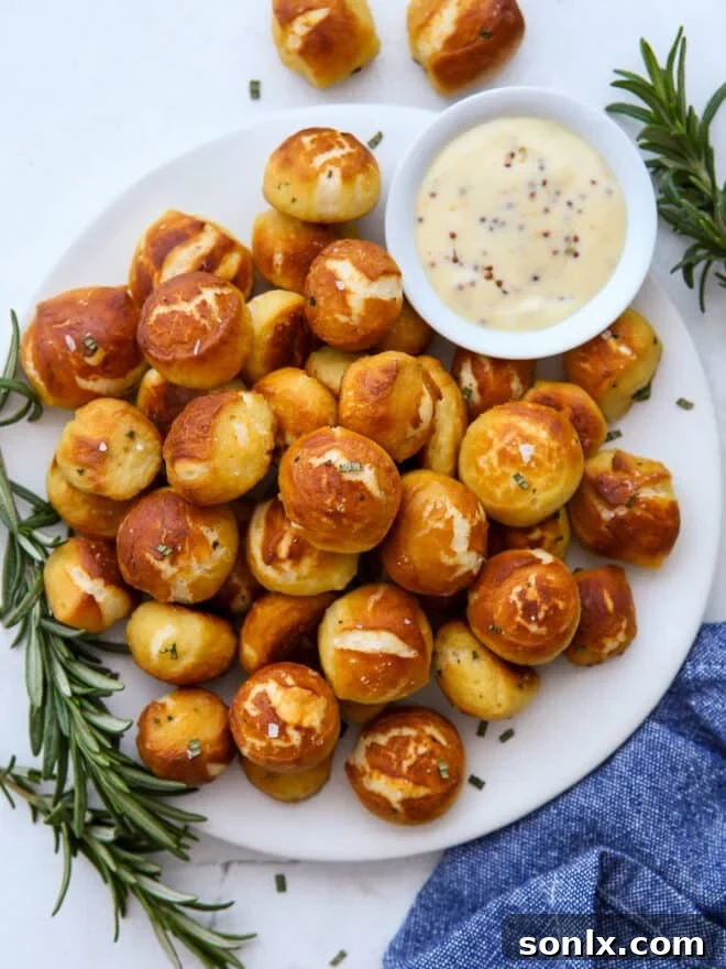 Golden brown cheddar rosemary pretzel bites served on a plate with a small bowl of honey mustard dipping sauce.