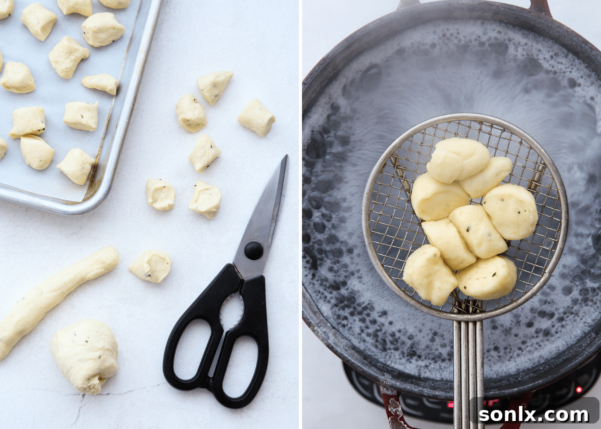 Hands cutting pretzel dough into small bites and a pot of boiling water with baking soda solution.