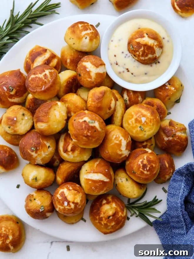 A serving of cheddar rosemary pretzel bites on a plate with honey mustard dipping sauce, ready to be enjoyed.
