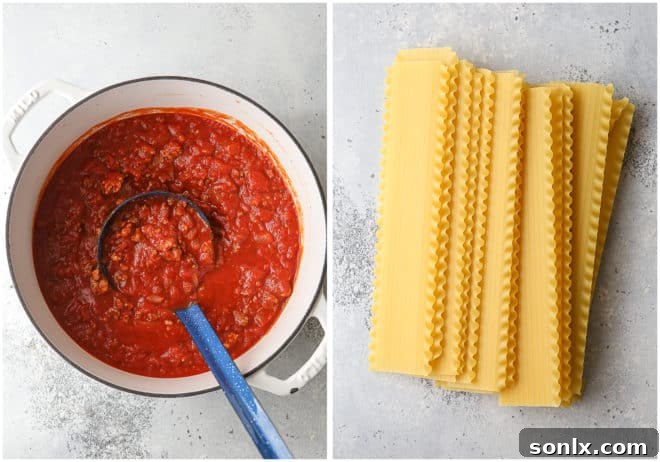 Layers of pasta, homemade meat sauce, ricotta, mozzarella, and parmesan cheese for a classic lasagna.