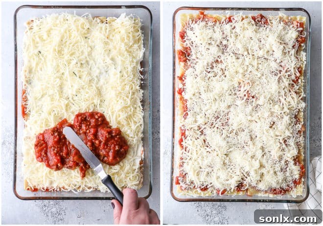 Close-up of the rich, classic meat lasagna with its cheesy and meaty layers.