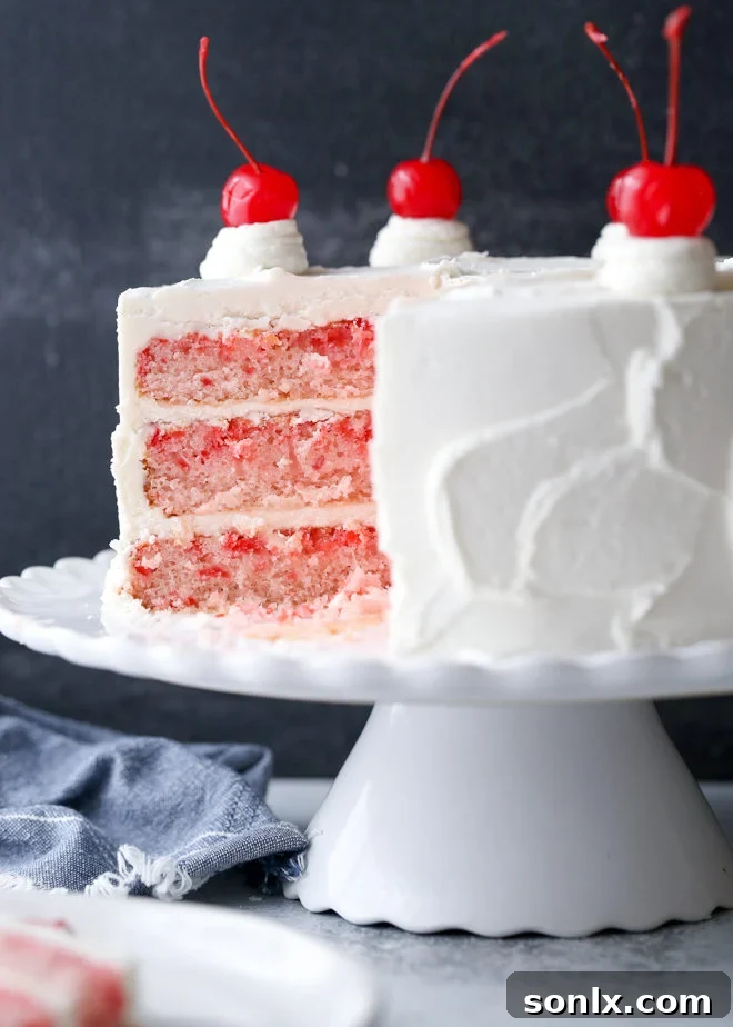 Homemade Cherry Chip Cake frosted with fluffy whipped vanilla buttercream, ready for a celebration