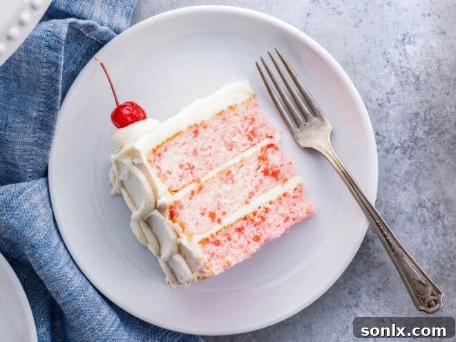 A perfectly sliced piece of homemade cherry chip cake on a white plate