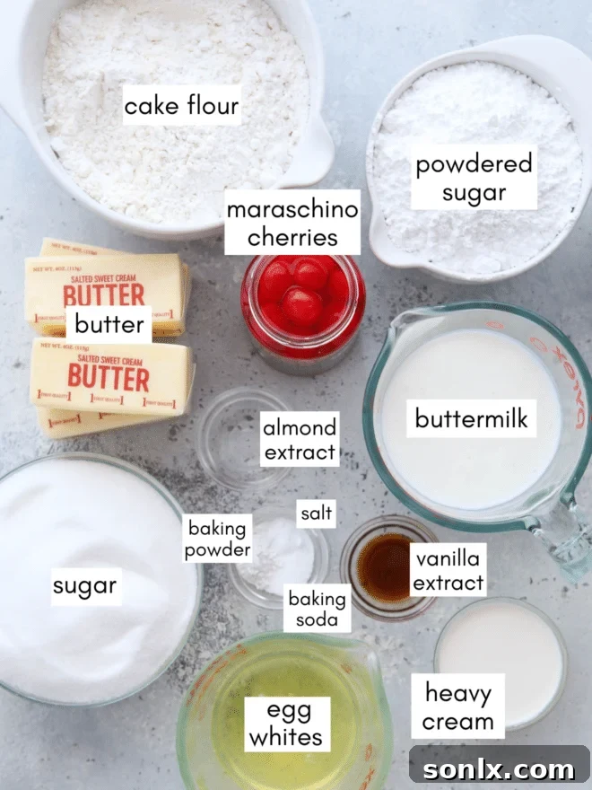 All ingredients for cherry chip cake, measured and laid out on a baking surface