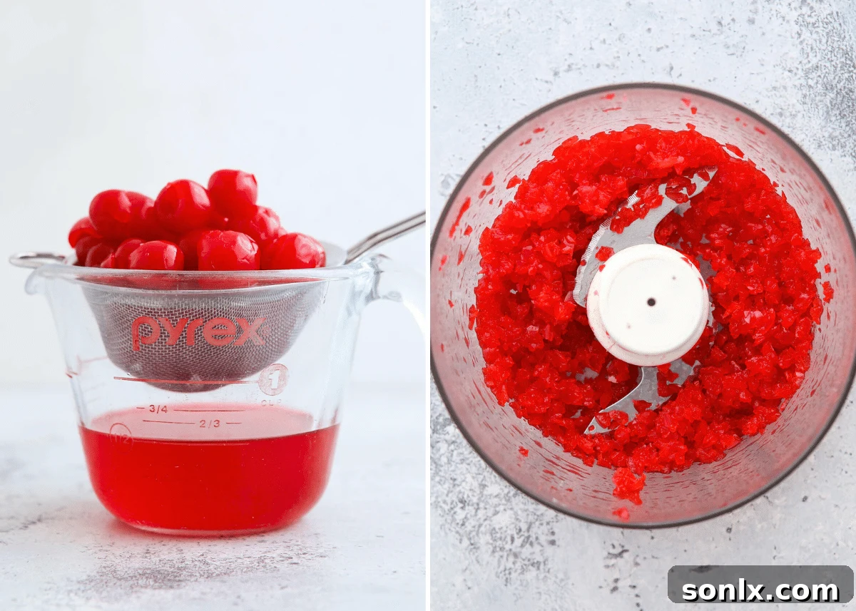 Process of draining maraschino cherries and chopping them finely in a food processor