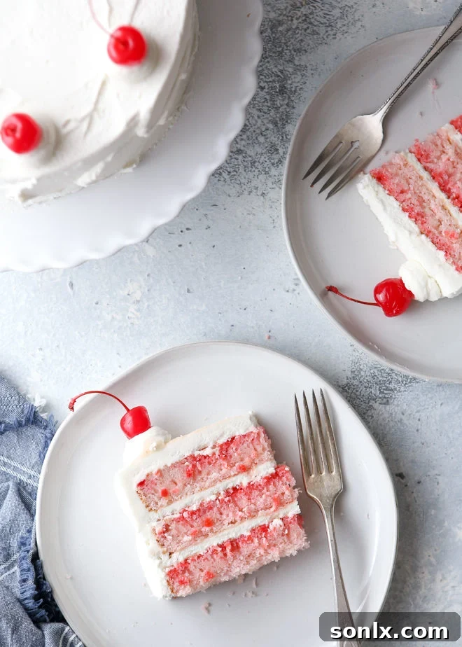 Close-up of a frosted cherry chip cake showing its texture and maraschino cherry specks