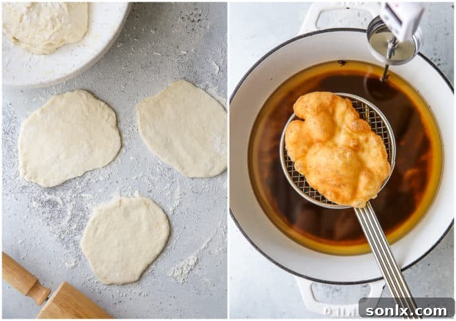 A sequence of images showing the process of making fry bread: dough portioned, rolled flat with a rolling pin, and then frying in hot oil until golden.